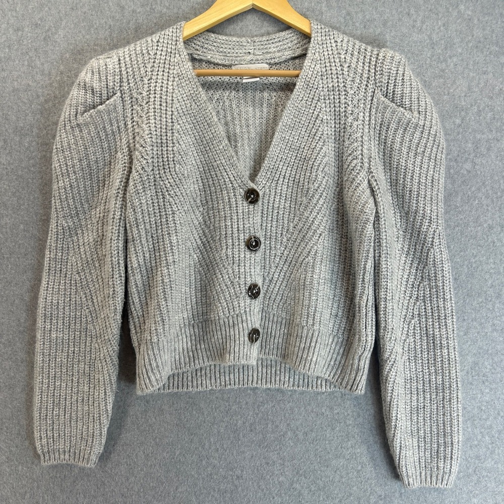Design History Womens XS‎ Gray Ribbed Knit V Neck Cardigan Sweater Puff Sleeve